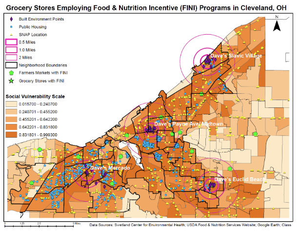 Map of grocery stores employing Food and Nutrition Incentive programs in Cleveland, OH